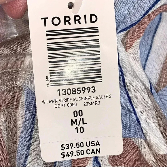 TORRID 00 Crinkle Gauze Smocked Tank Blue Taupe Striped (Fits Like US 10/12 M) - Picture 6 of 9